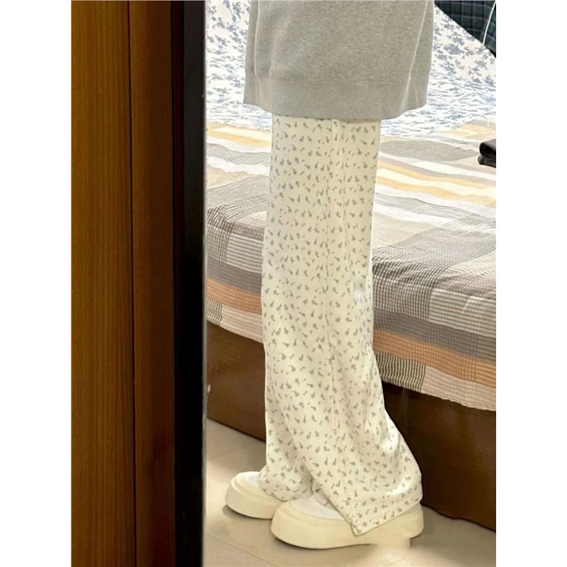 胖MM碎花运动阔腿裤子女韩版夏季大码高腰宽松休闲百搭直筒拖地裤