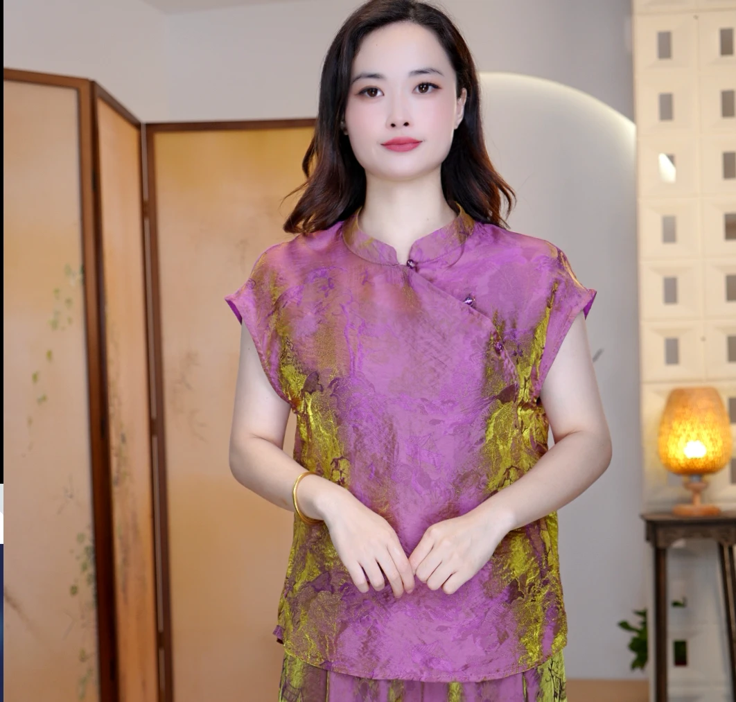 鸿提花浮光斜襟国风新款立领小衫