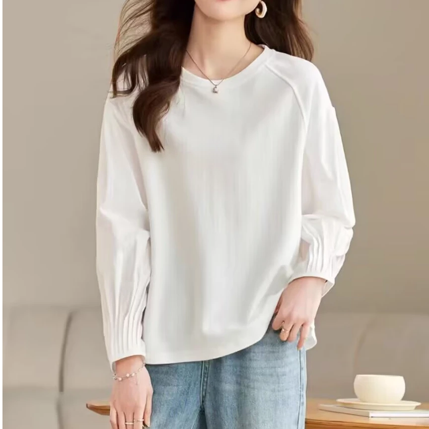 美格加110-200大码女装2025早春新款简约拼接衬衫褶皱袖洋气百搭