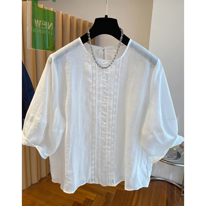 白色年轻款棉麻上衣女高端短袖衬衫2025夏季新款宽松洋气时尚小衫
