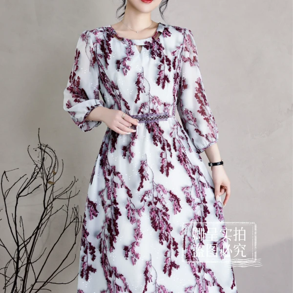 【原厂正品】Y1195紫藤花防晒袖连衣裙小V领显瘦系腰带高腰仙女裙