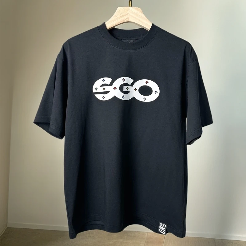 SGO潮牌新款休闲T恤短袖男女夏季宽松潮流印花彩钻圆领黑色半袖
