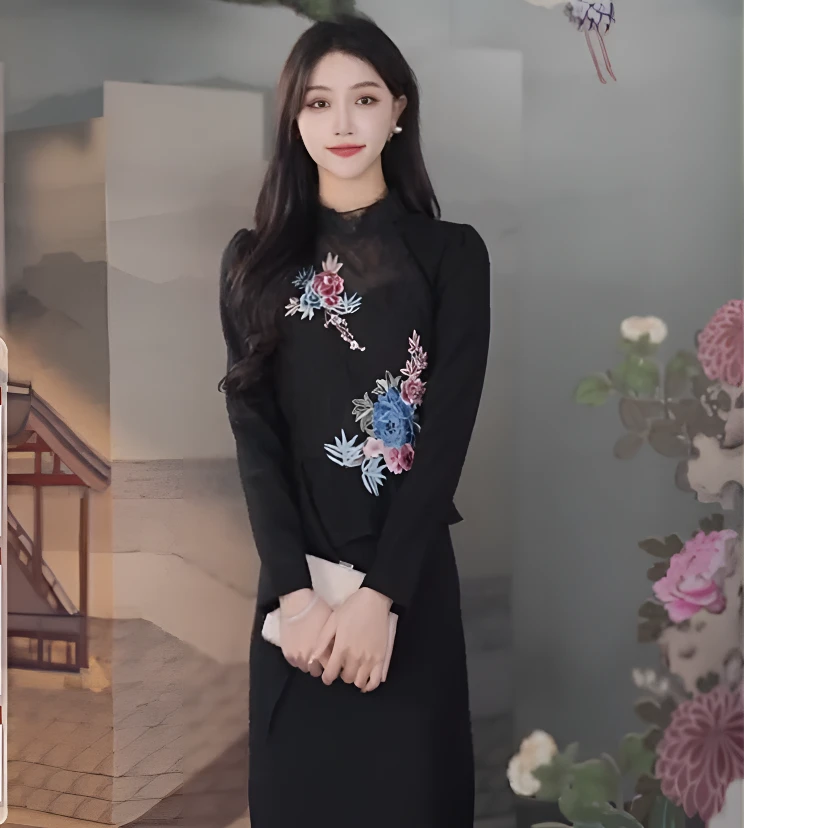 【豫象.颐】SUSSI/古色冬季新品黑色刺绣长袖气质优雅绣花连衣裙