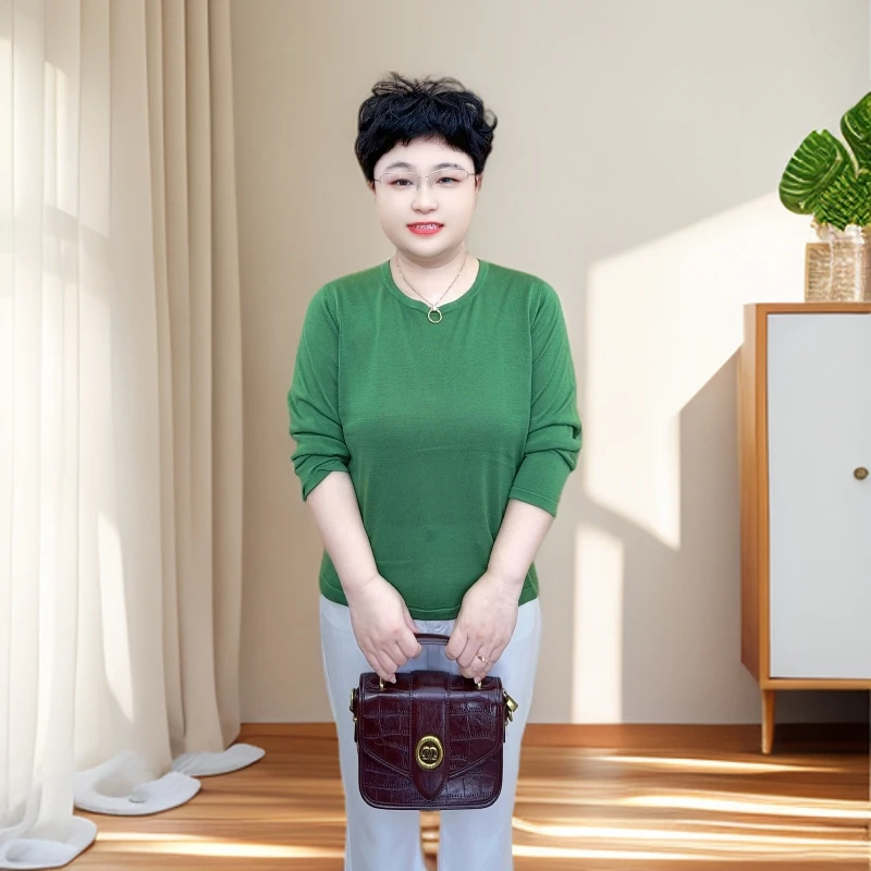 【百搭圆领长袖】春秋女士打底（25313）针织纯色宽松中老年妈妈装