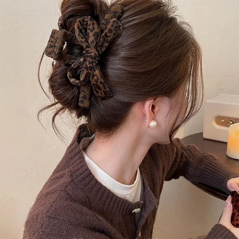 秋冬豹纹蝴蝶结抓夹鲨鱼夹气质复古后脑勺发夹百搭