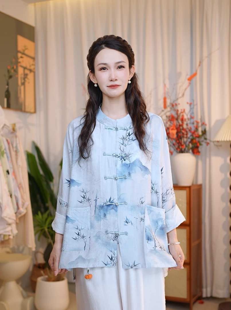 （丹青水墨）仙气风新中式禅意宽松防晒常规款立领古风文艺复古