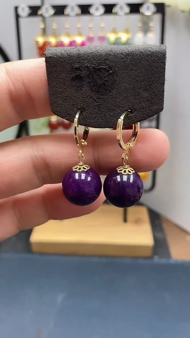 银S925镀金镶嵌苏纪石（舒俱来）耳坠尺寸14mm耳扣11