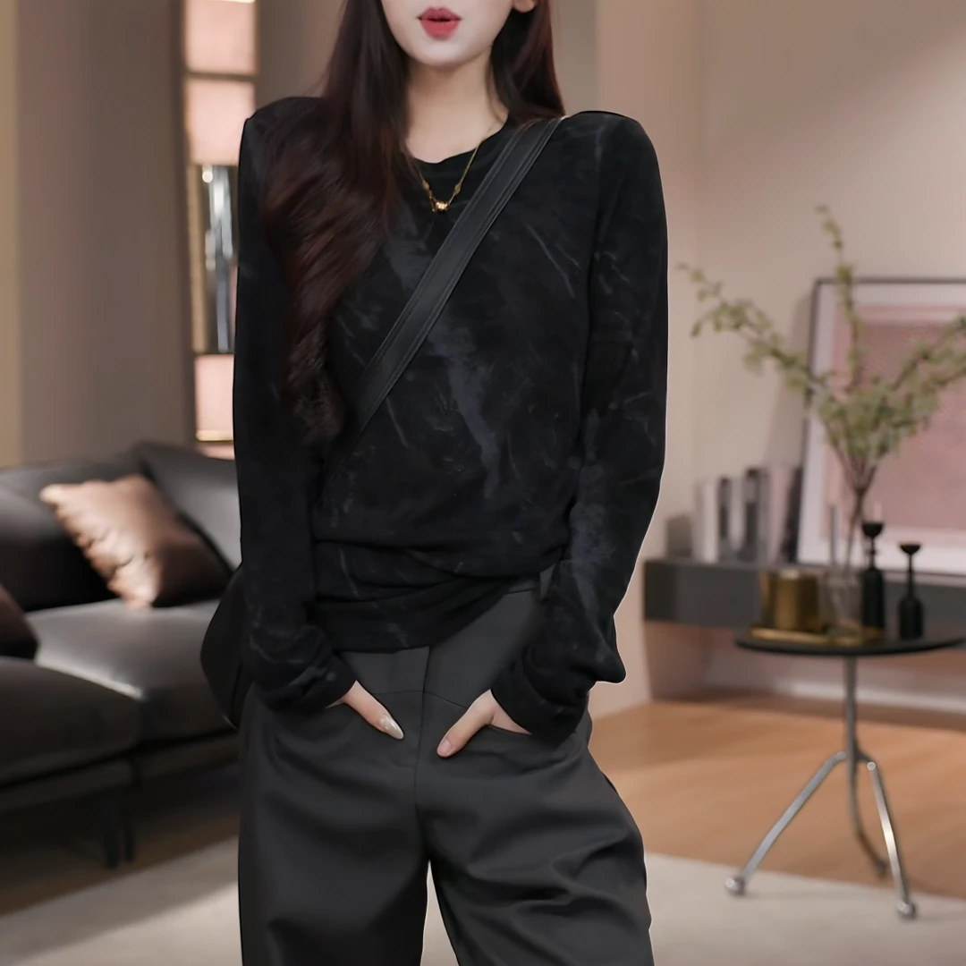 新款长袖拼接常规款渐变T恤圆领秋冬潮流打底衫女LK2506689