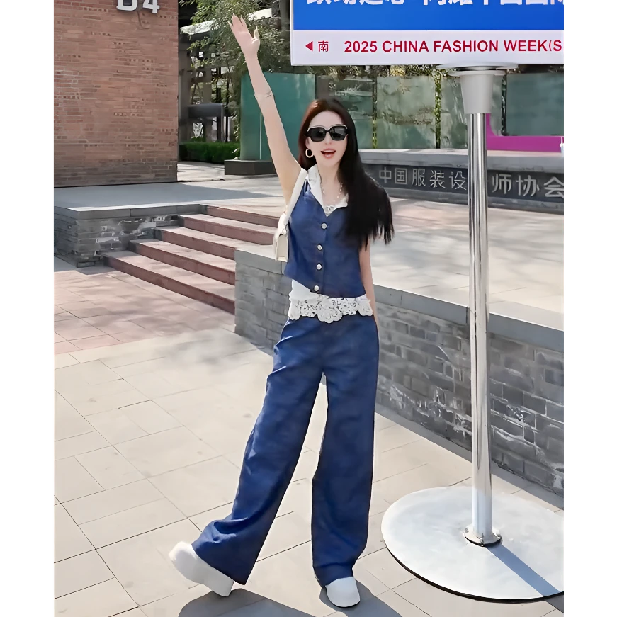 2025法式复古牛仔套装女夏季蕾丝拼接马甲背心高腰阔腿裤两件套