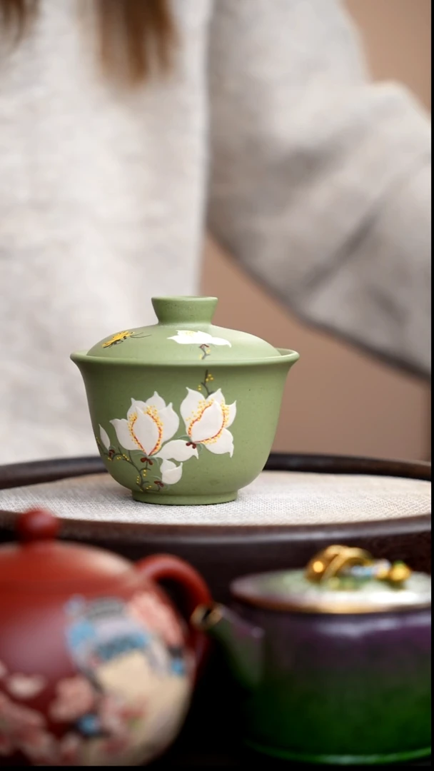 茶壶紫砂豆青砂白玉兰盖碗
