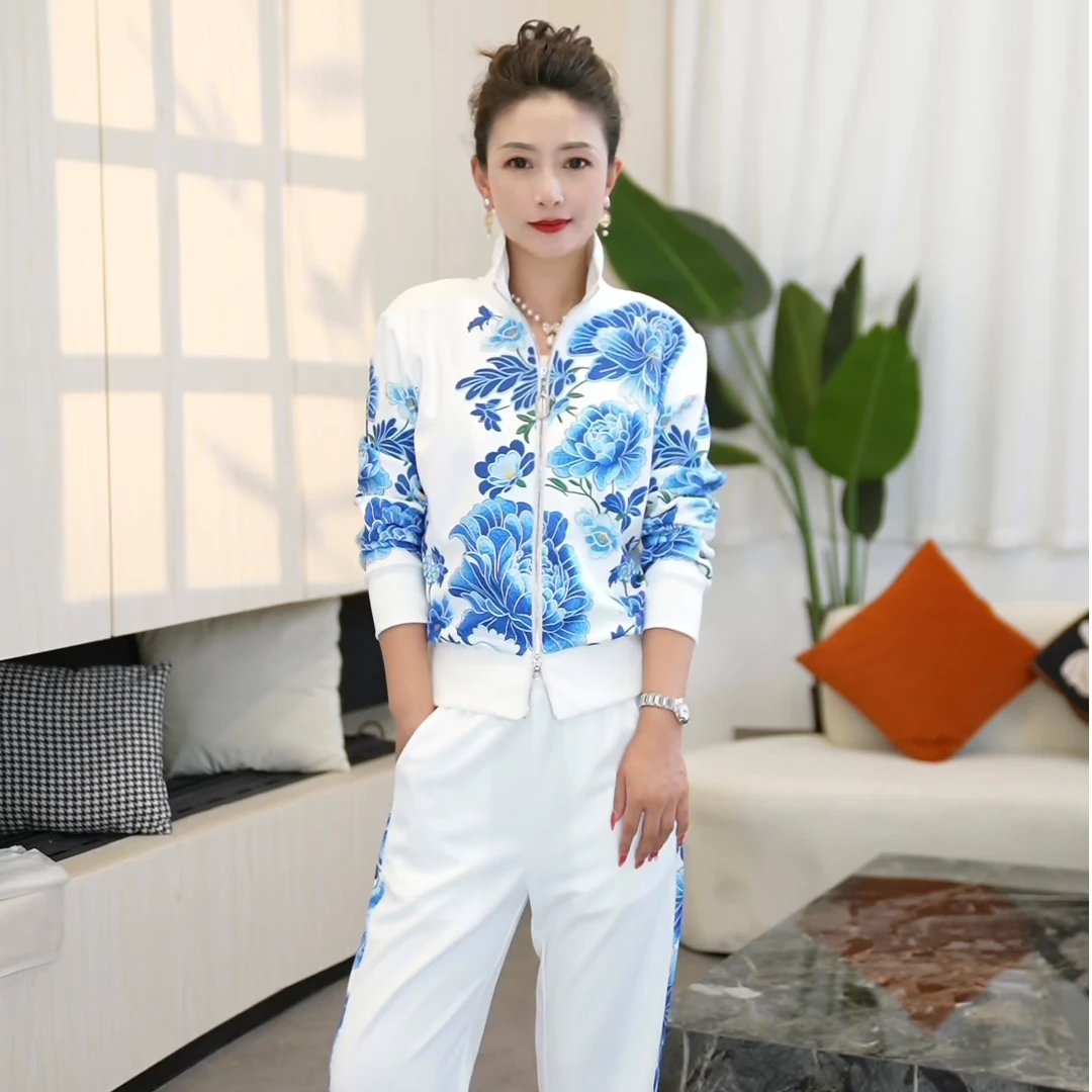 【QJ】新款简约兰莲花休闲显瘦立领气质减龄长袖运动套装2537002