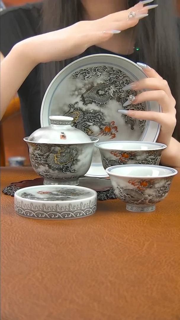 景德镇手工墨彩龙纹盖碗套组五件套