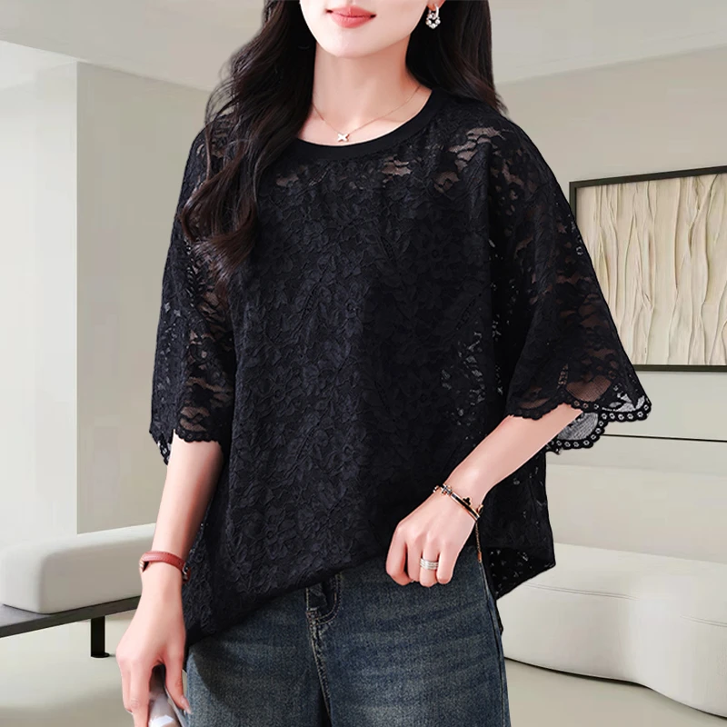 高级感黑色蕾丝衫正肩短袖t恤女2025夏季时尚大码宽松中长款上衣