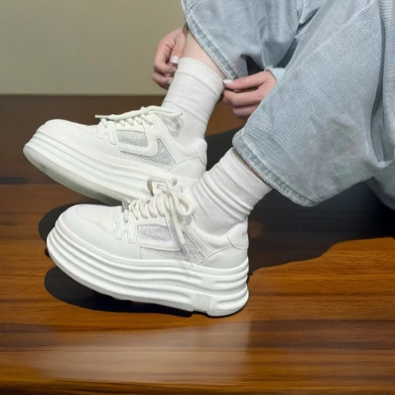 2025年春夏新款松糕厚底小白鞋女真皮系带透气休闲板鞋运动鞋