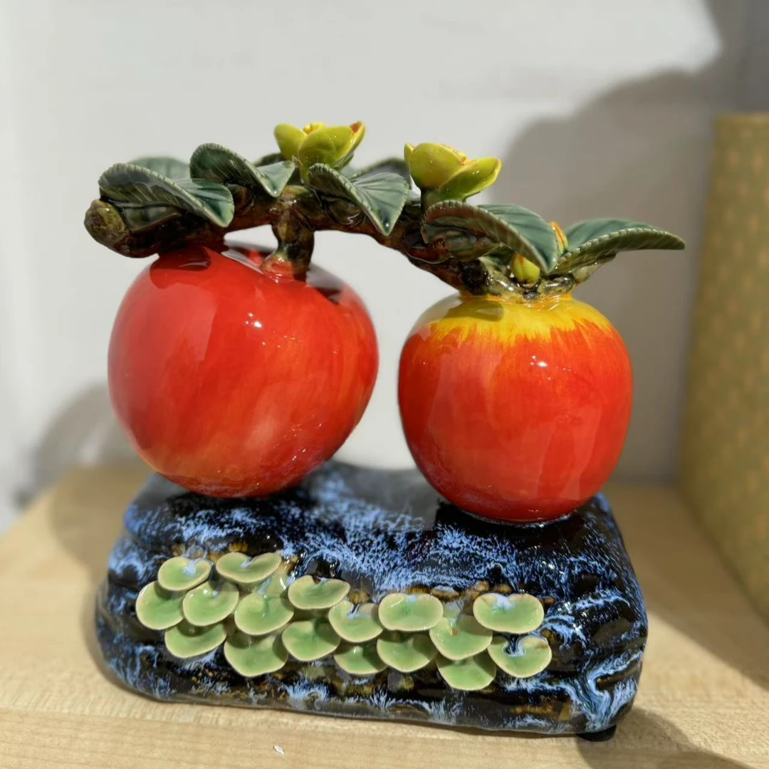 20高带底座双苹果石湾陶瓷家居摆件客厅陶瓷摆件黄色水果工艺品