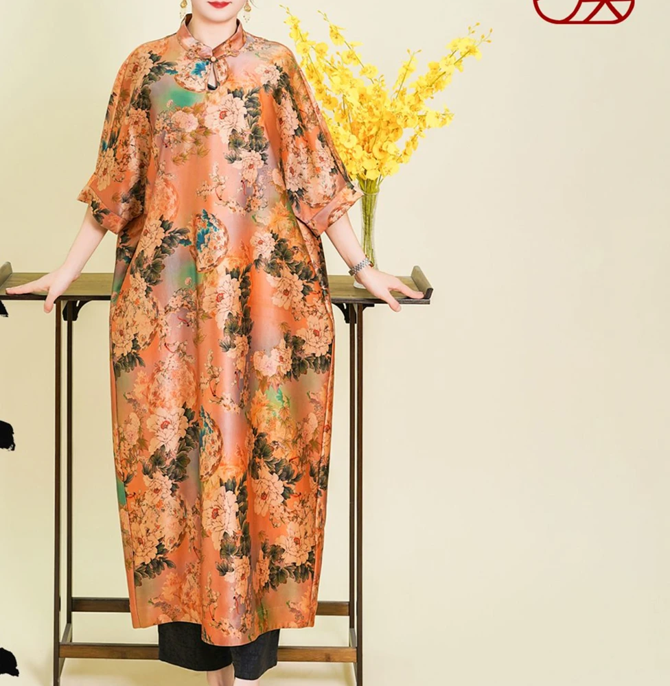 【春娇】100%桑蚕丝70姆米重缎皮子料香云纱中式大码袍子