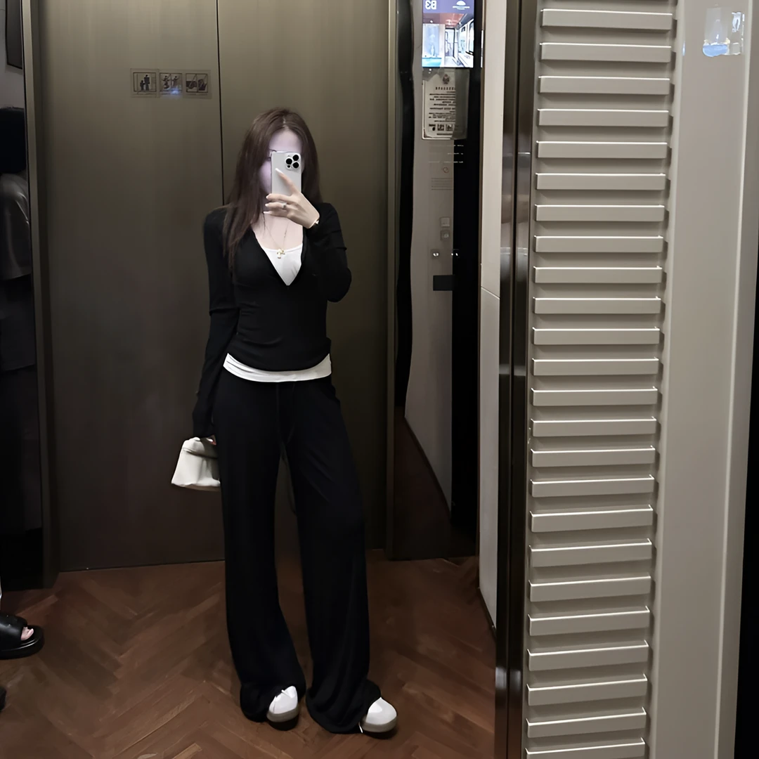 lu系纸片人 早秋拉链开衫外套内搭吊带微喇叭裤三件套时尚套装女