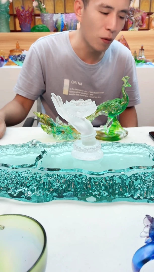 手工艺品琉璃白色佛手烛台12公分