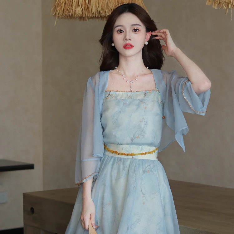 瑶西【水云间外套】女夏蓝色印花 手工珠链出游汉服新中式