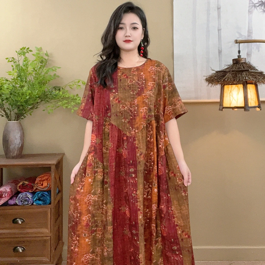 休闲风圆领长裙夏季连衣裙妈妈装裙子中长款显瘦