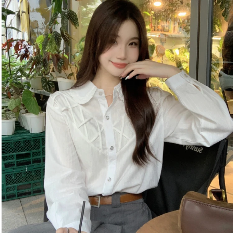 春秋法式百搭气质衬衣白色花边娃娃领衬衫女设计感内搭打底上衣