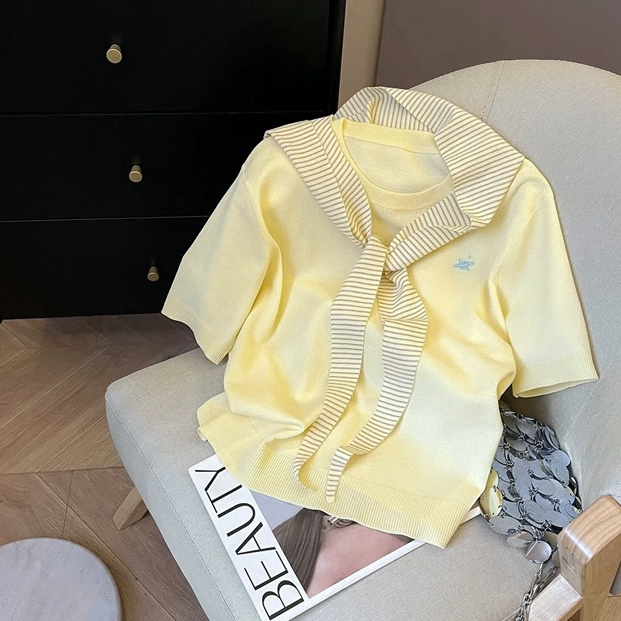 【现货~两件套】黄色冰丝针织短袖t恤女夏季高级感配披肩上衣两件套