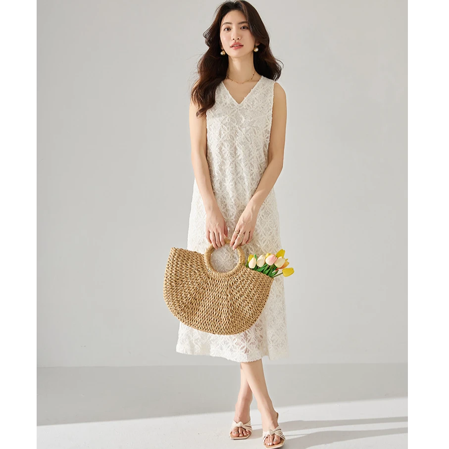【直播间专属】度假风白色V领无袖少女刺绣长款连衣裙15489