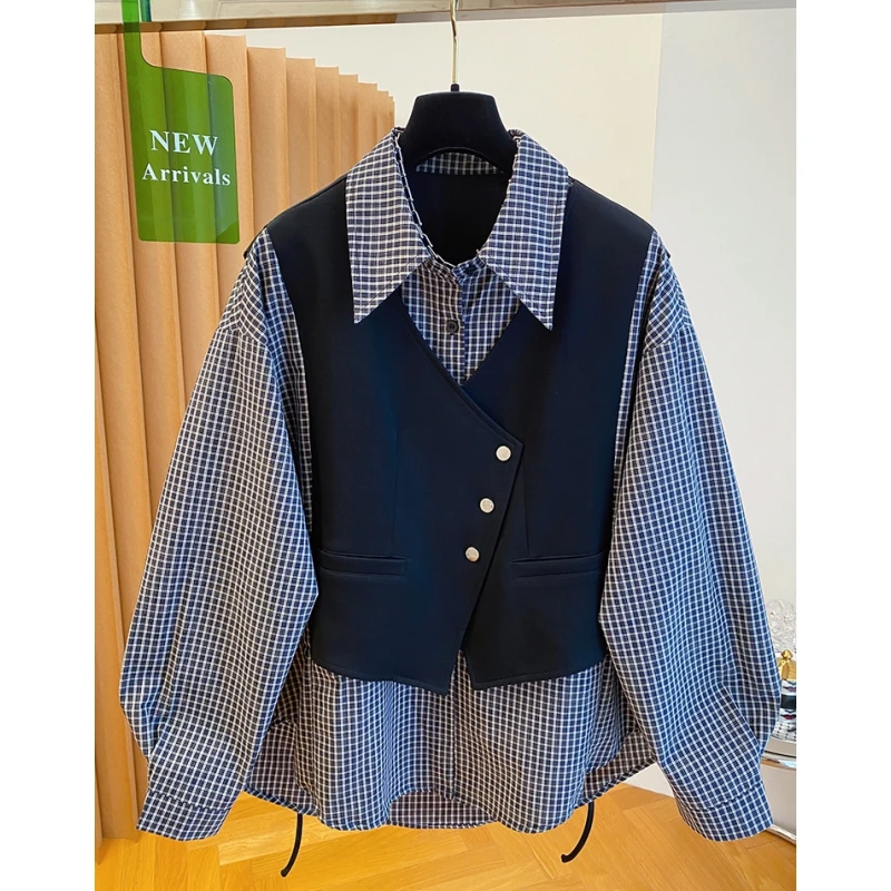 高级感时髦洋气马甲拼接假两件衬衫女2025新款宽松别致叠穿上衣秋