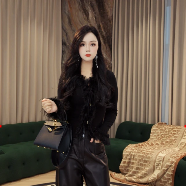 【断码破价】黑天鹅V领飘带加厚款爆款时尚重工长袖打底衫女8260