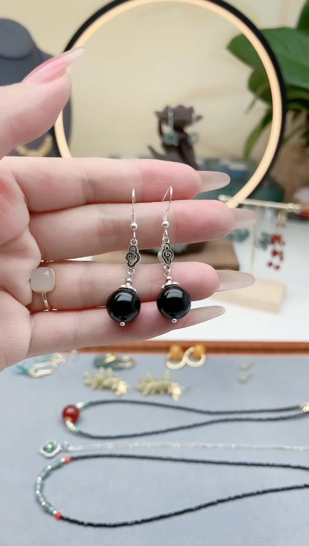 黑曜岩银S925镶嵌耳饰207