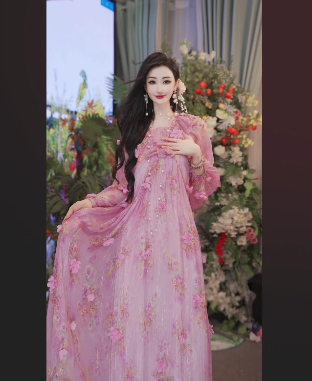 【蝴蝶仙子】国风国潮轻奢桑蚕丝气质宽松碎花女装连衣裙251D527