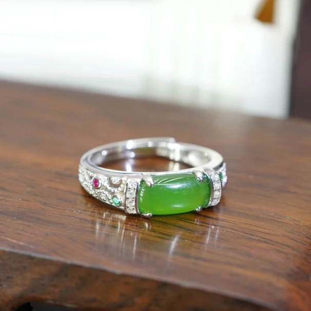 S925和田玉碧玉马鞍戒指 T010208