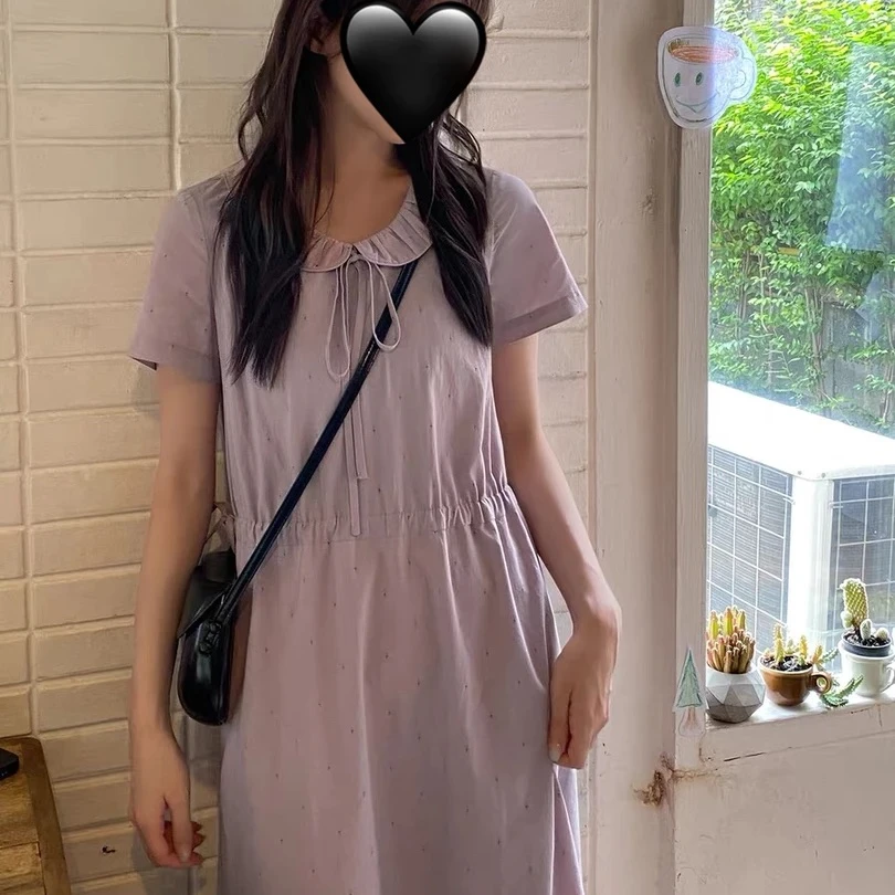甜粿妹妹法式初恋星星可爱风温柔短袖翻领泡泡袖连衣裙方领