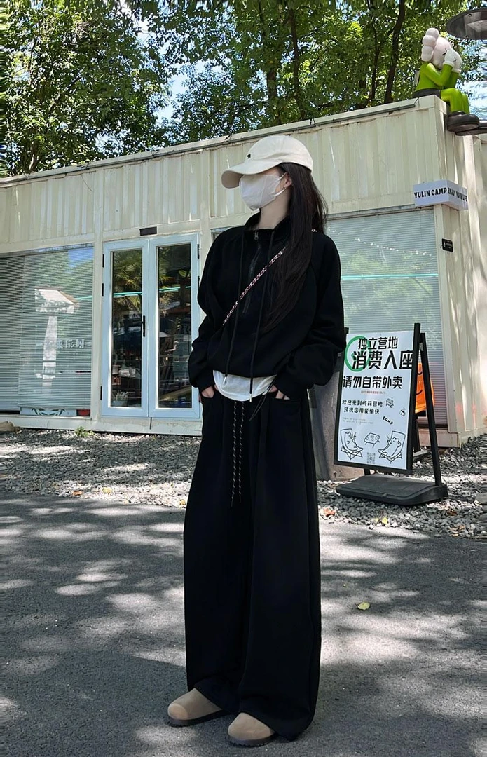 秋季新款慵懒风休闲套装高腰显瘦阔腿裤设计感松弛感卫衣组合套装