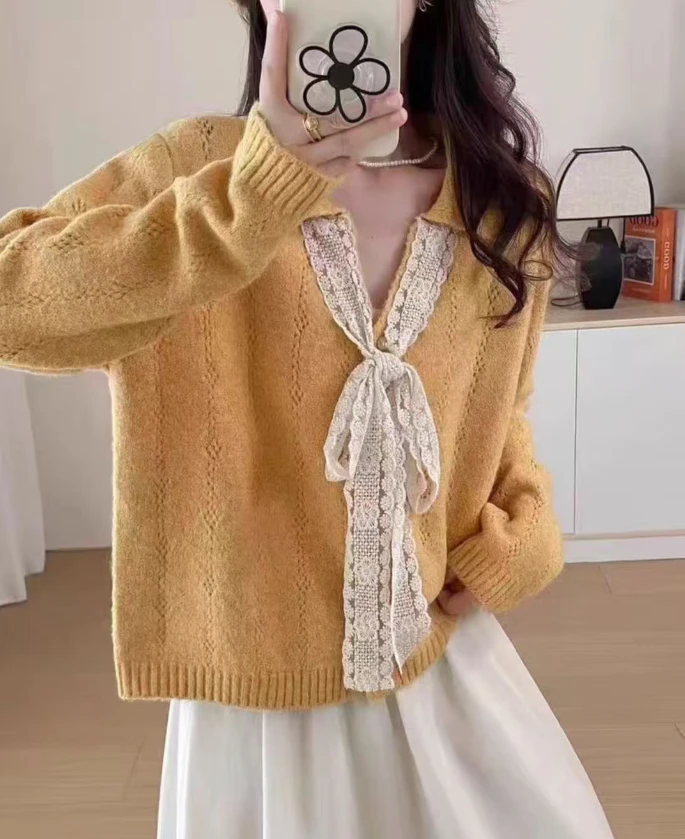 （706）2025秋季新款大码女装系带蝴蝶结V领开衫洋气减龄秋季针织衫