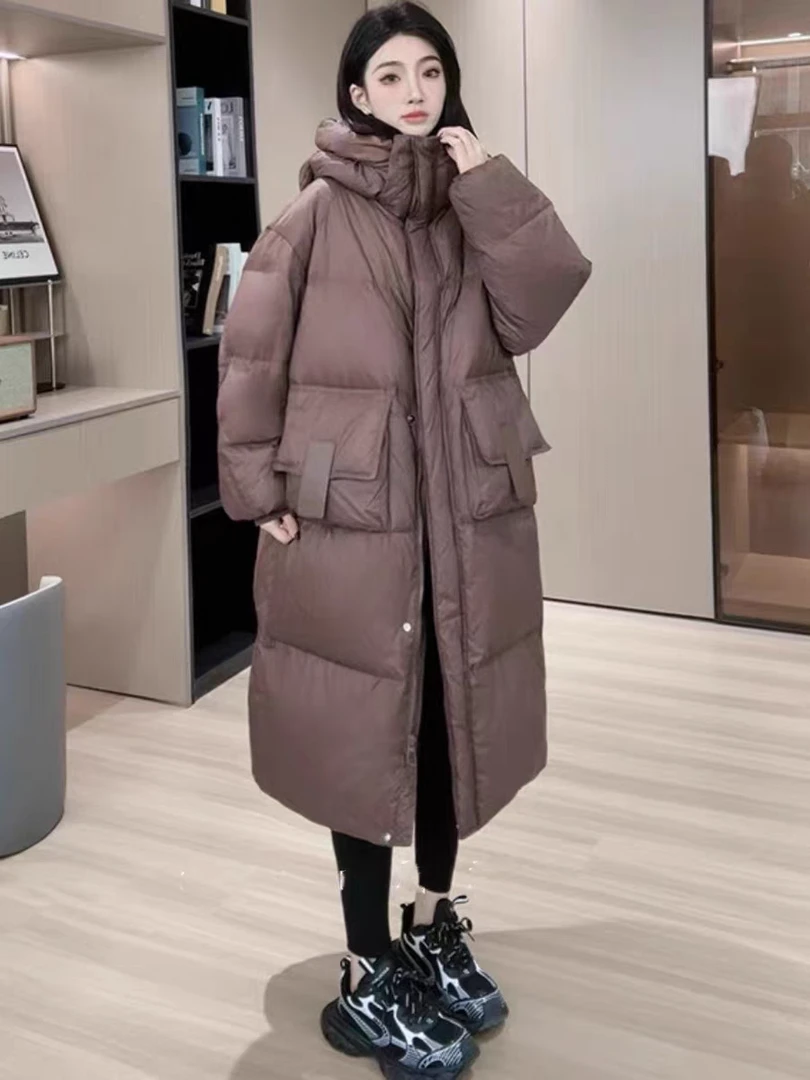 E7519中长款纯色宽松学院风连帽羽绒服