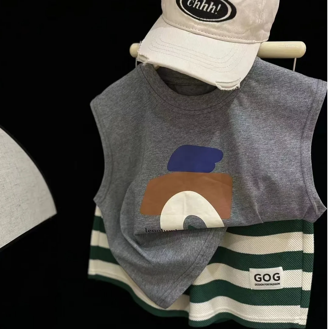 纯棉男童短袖套装2025夏季韩系新款中小童儿童无袖t恤短裤两件套