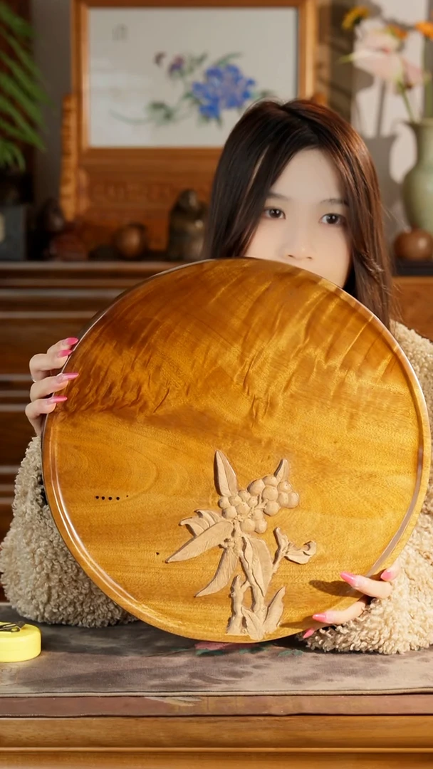 金丝楠圆形纯手工莲花茶盘