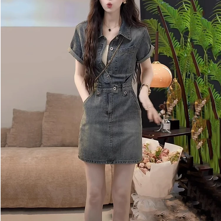 夏季新款韩版气质港风时尚复古收腰时尚显瘦牛仔连衣裙女