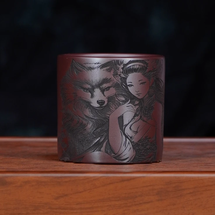 宜兴原矿茶具正宗手工刻绘九尾狐仕女精致定制自用高端紫砂主人杯
