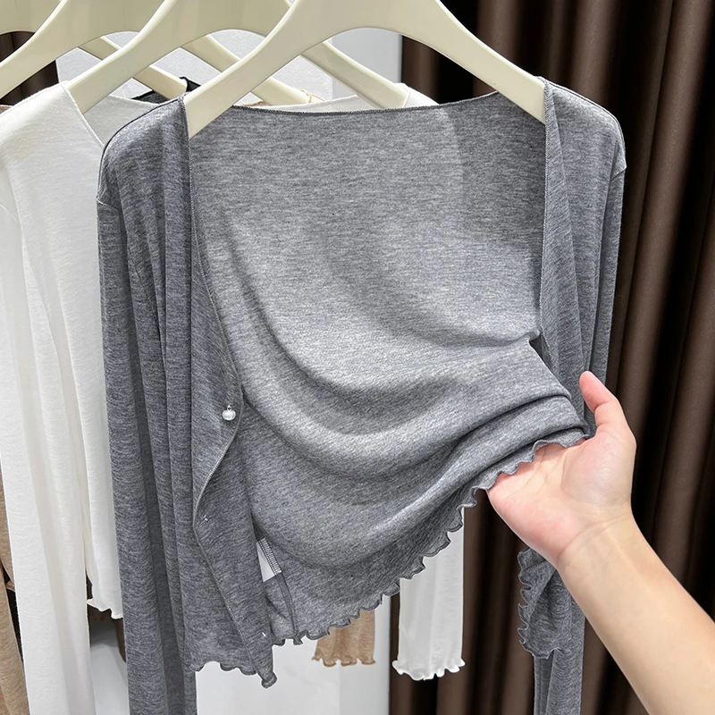 灰色针织防晒开衫女配吊带裙外搭短款披肩罩衫新款小坎肩长袖外套