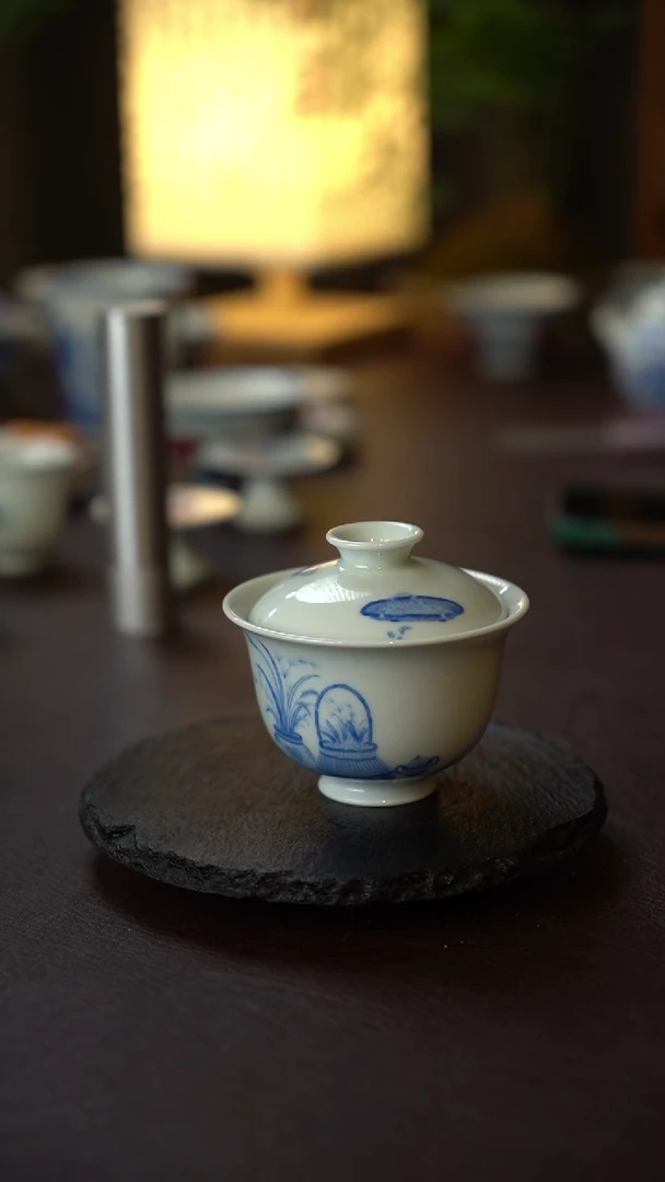 景德镇全手工手绘青花清供二才盖碗