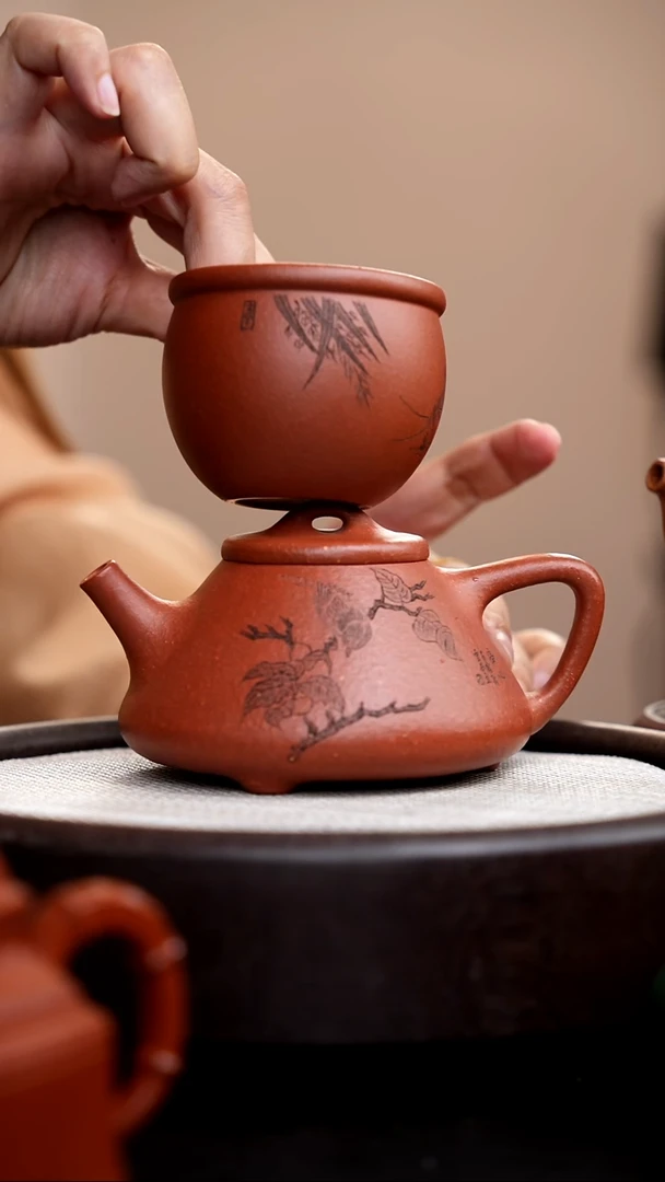 茶壶紫砂降坡泥子冶石瓢刻鸟+清心杯018
