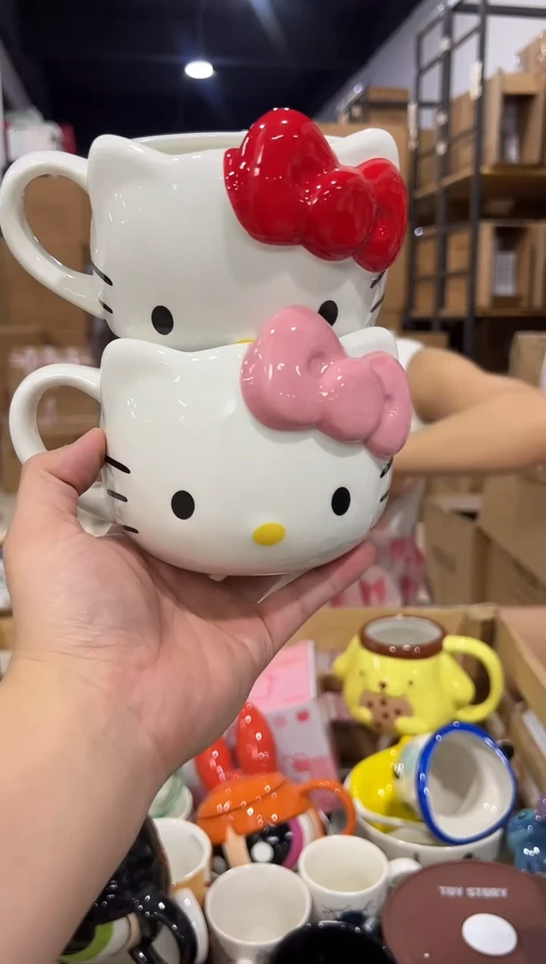 瓷片大号红色加粉色kt头杯2件套