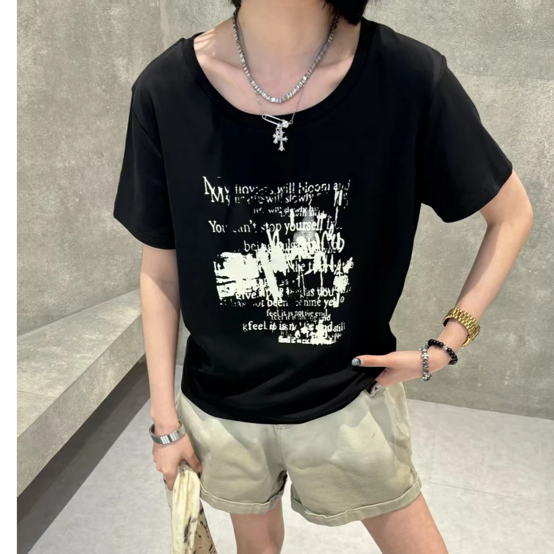 D57835短袖t恤女夏季圆领正肩设计感印花韩版气质显瘦上衣