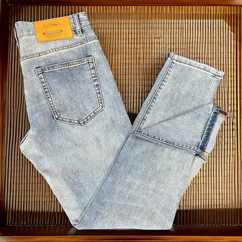 维斯克纳牛仔裤男修身直筒韩版时尚弹力浅色休闲长裤子夏季薄款