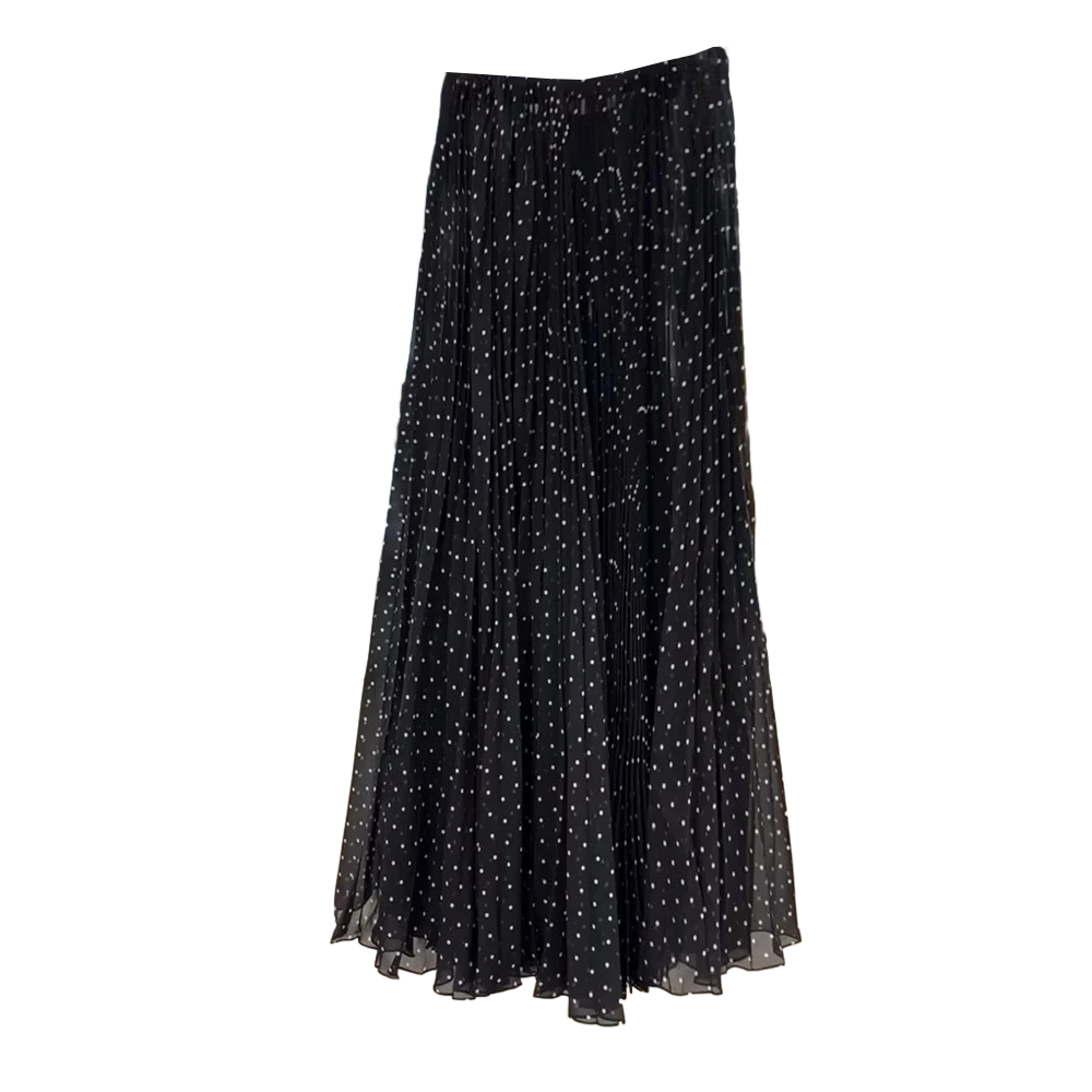 上身太好穿了，黑色波点高腰显瘦百褶半身裙女慵懒风韩系气质A字裙