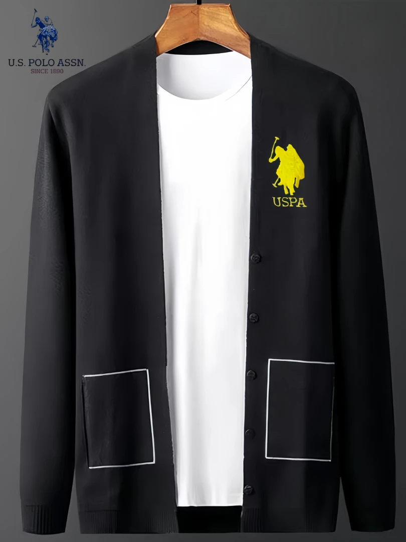 USPA男士黑色刺绣金标时尚高档开衫外套