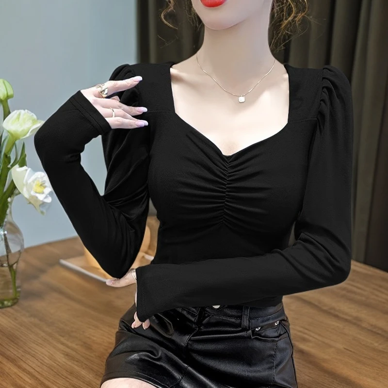 方领泡泡袖上衣女法式别致辣妹短款性感长袖T恤加绒黑色打底衫潮