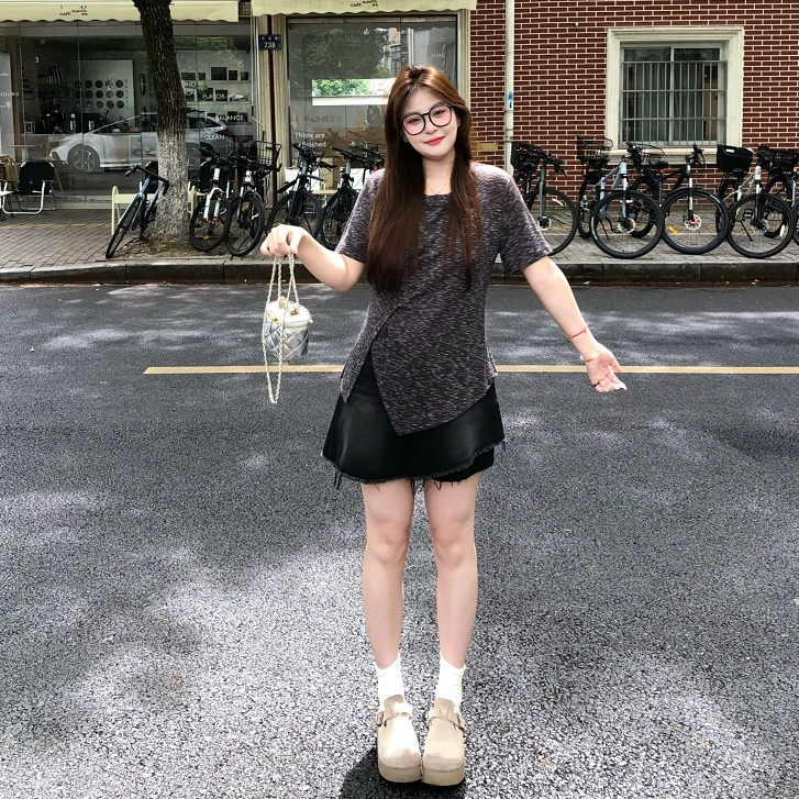盈盈&南岛风大码女装不规则开叉上衣胖mm显瘦遮肉短袖T恤ZYY1713